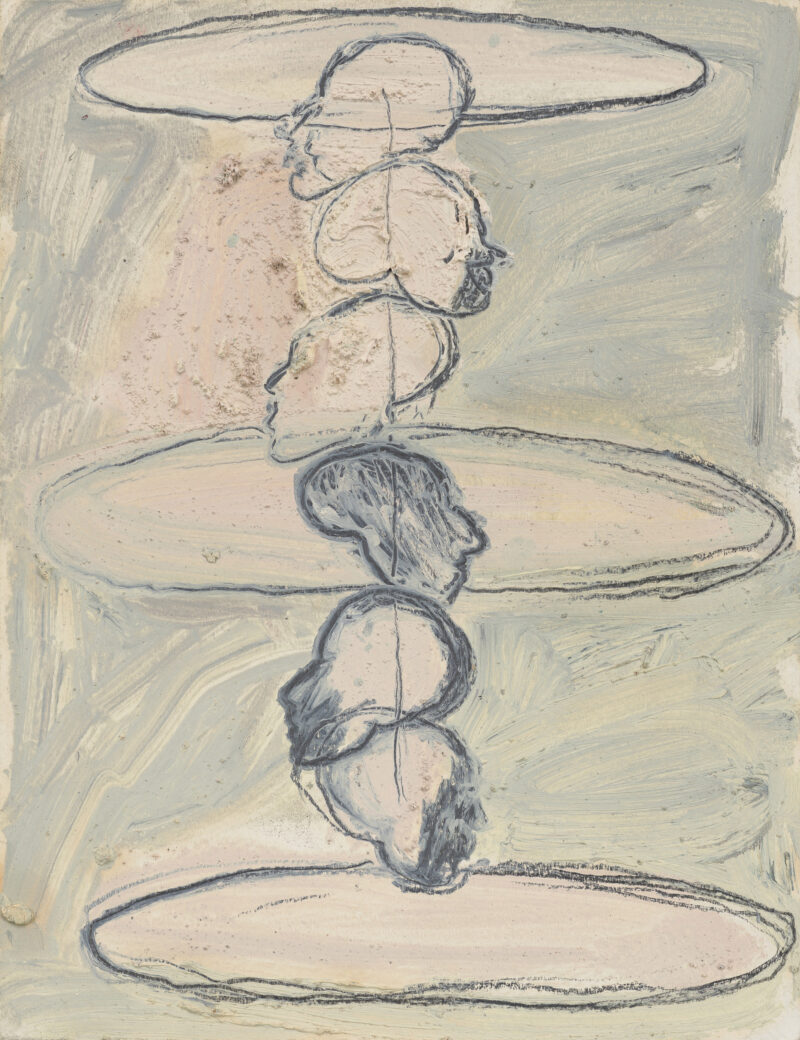 Sandra Vásquez de la Horra, Seis simbiosis (Six symbioses), 1998. Graphite pencil and oil paint with sand on paper; 10 × 7¾ in. © and courtesy of the artist. © Documentation Trevor Good.