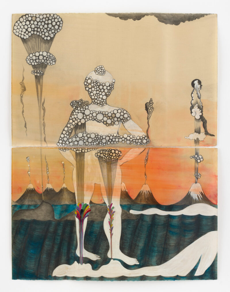 Sandra Vásquez de la Horra, El despertar de un volcán (The Awakening of a Volcano), 2019. Graphite pencil, watercolor, gouache (opaque watercolor), and wax on paper; 40½ × 26 in.© and courtesy of the artist. Photo © Eric Tschernow.