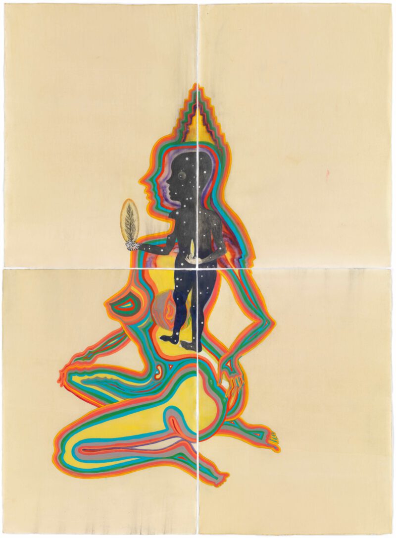 Sandra Vásquez de la Horra, Niño Cielo Estrellado, 2022, watercolor, gouche, graphite on paper dripped in beeswax, 211 x 157 cm (4 parts) © Lea Gryze, courtesy of the artist and Galerie Haas Zürich